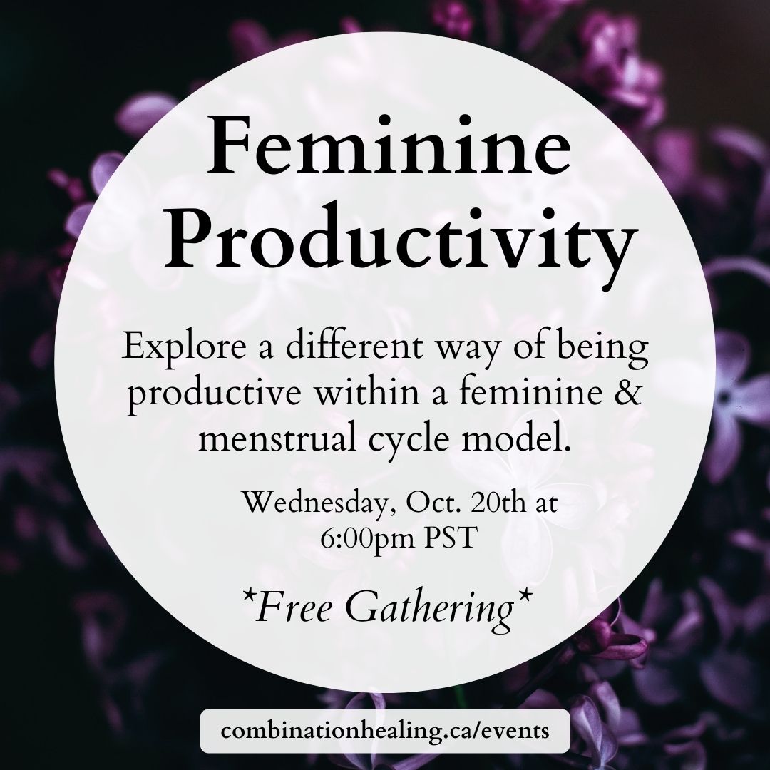 lilac flowers in background with the words Feminine Productivity October 20th at 6:00pm PST Free Gathering