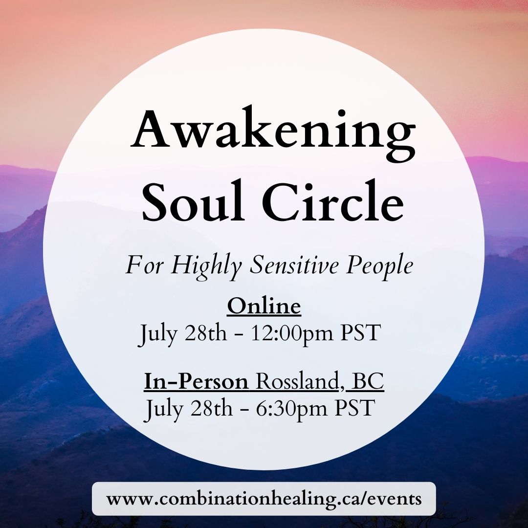 mountains and sunset in background with text awakening soul circle and this month's times
